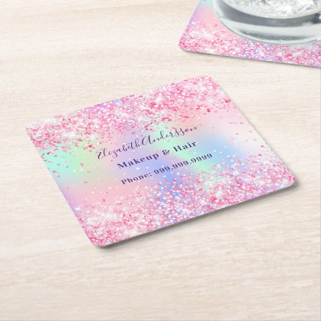 Dessous De Verre Carré Nom holographique rose (Incliné)