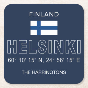 Dessous De Verre Carré Nom personnalisé Coordonnées d'Helsinki