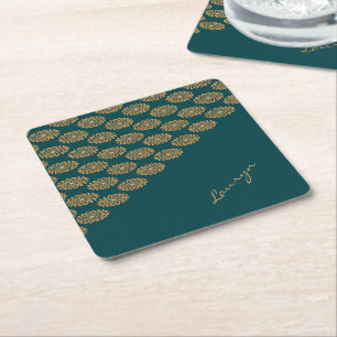 Dessous De Verre Carré Nom personnalisé floral brun sur vert pin