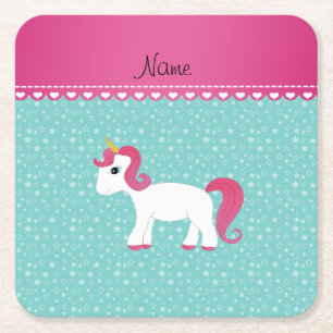 Dessous De Verre Carré Nom personnalisé licorne étoiles turquoise
