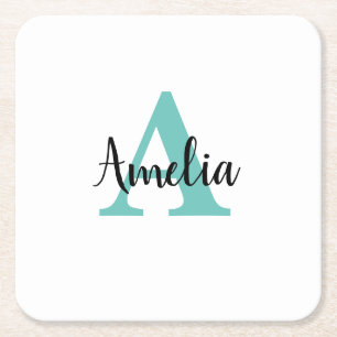 Dessous De Verre Carré Nom personnalisé Turquoise Script Monogramme