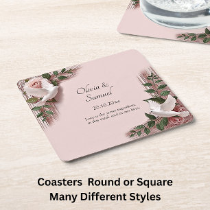 Dessous De Verre Carré Noms Date Message Roses Roses & Colombes Mariage