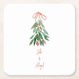 Dessous De Verre Carré Noms de couple personnalisés Mistletoe Noël