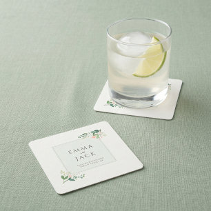 Dessous De Verre Carré Noms de mariage de verdure rose tendre