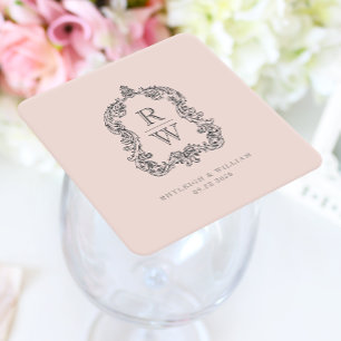 Dessous De Verre Carré Noms vintages de crête de monogramme Mariage rose