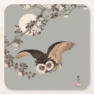 Dessous De Verre Carré Nuit Japonaise Chouette Lune Bois Coupe Flying Nig