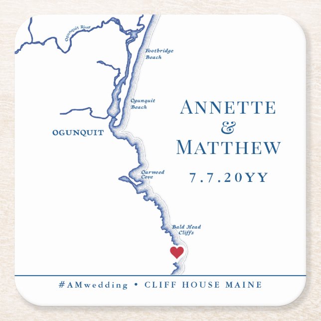 Dessous De Verre Carré Ogunquit Maine Map Mariage Cocktail Heure (Devant)
