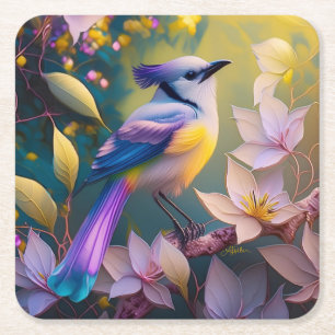 Dessous De Verre Carré Oiseau à poitrine jaune violet