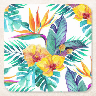 Dessous De Verre Carré Oiseau du paradis et du motif 2 d'orchidée