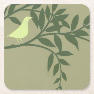 Dessous De Verre Carré Oiseau vert perché sur une branche verte
