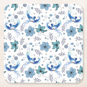 Dessous De Verre Carré Oiseaux bleus et harmonie florale motif sans coutu