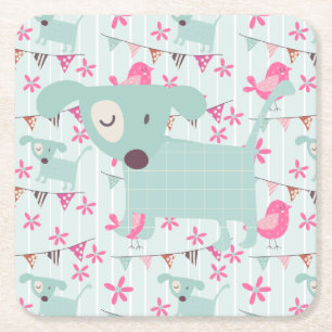 Dessous De Verre Carré Oiseaux, Chiens, Bannières, Fleurs