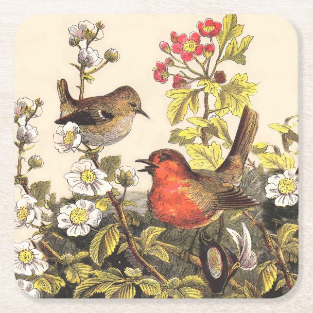 Dessous De Verre Carré Oiseaux de printemps Robin Oiseaux rouges (Devant)