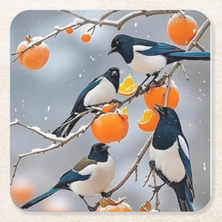 Dessous De Verre Carré Oiseaux d'hiver et persimmons