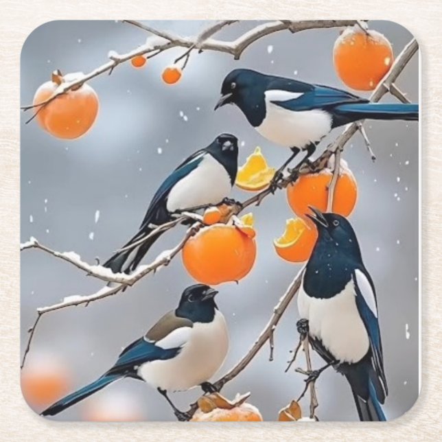 Dessous De Verre Carré Oiseaux d'hiver et persimmons (Devant)