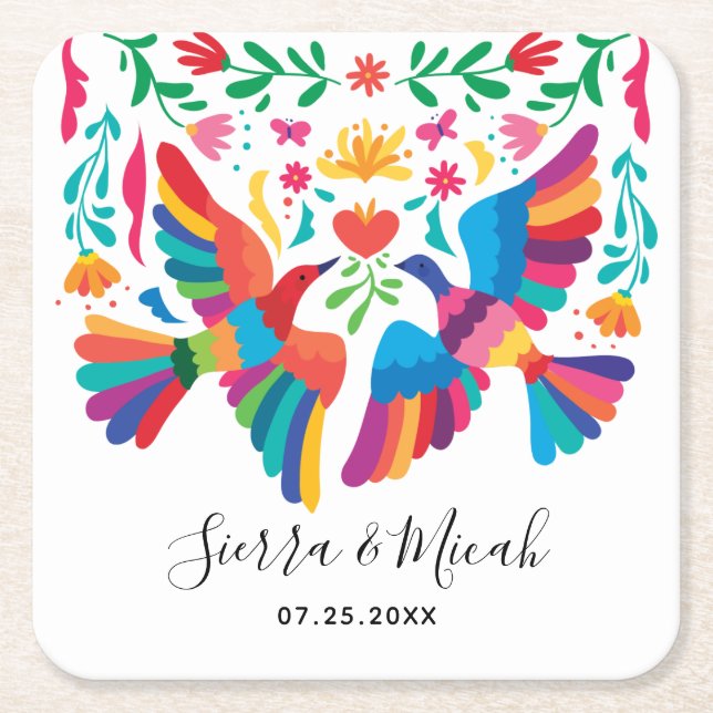 Dessous De Verre Carré Oiseaux mexicains d'inspiration vive et fleurs (Devant)
