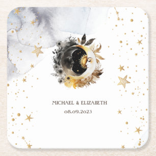 Dessous De Verre Carré Or céleste Soleil, Lune, Étoiles Fleurs