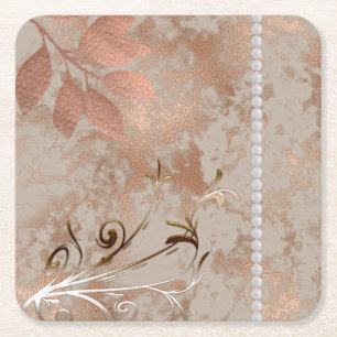 Dessous De Verre Carré Or rose, perles blanches, Carré floral
