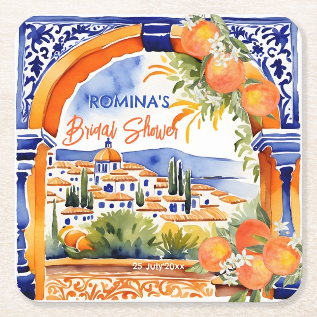 Dessous De Verre Carré Orange bleu azulejo talavera tuiles douche nuptial (Devant)