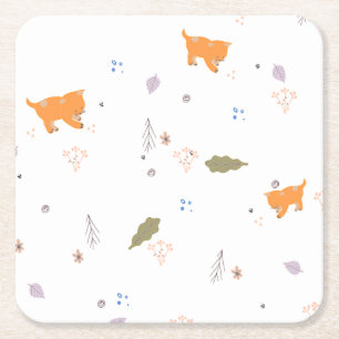 Dessous De Verre Carré Orange Tabby et Motif Feuille