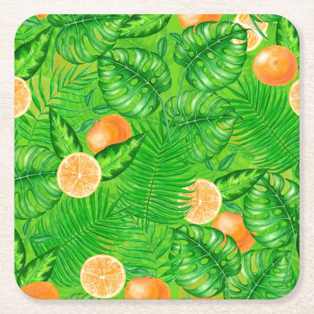 Dessous De Verre Carré Oranges et feuilles tropicaux (Devant)