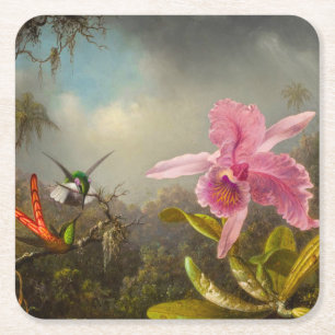 Dessous De Verre Carré Orchidée avec deux colibris Heade