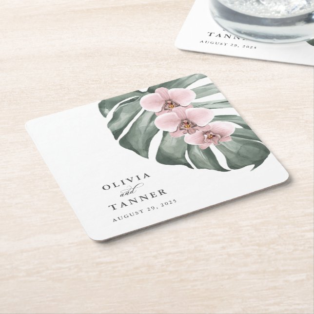 Dessous De Verre Carré Orchidées rose Pastel sur Mariage tropical Monster (Incliné)
