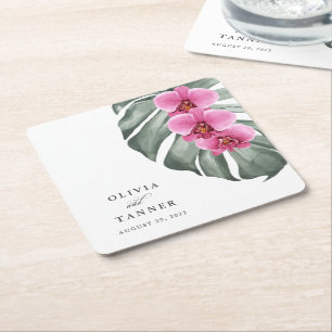 Dessous De Verre Carré Orchidées roses chaudes sur Monstera Mariage tropi