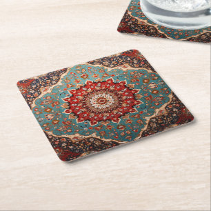 Dessous De Verre Carré Oriental Retro Motif Perse Rouge Crème Bleu