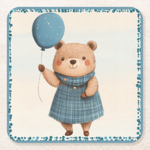 Dessous De Verre Carré Ours de fille avec robe bleue plaid et ballon