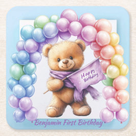 Dessous De Verre Carré Ours en peluche 1er anniversaire Ballons colorés