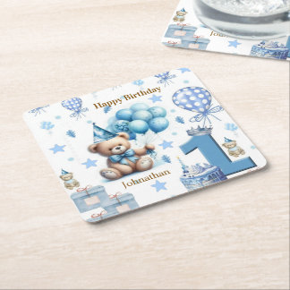 Dessous De Verre Carré Ours en peluche bleu pour 1er anniversaire Coaster