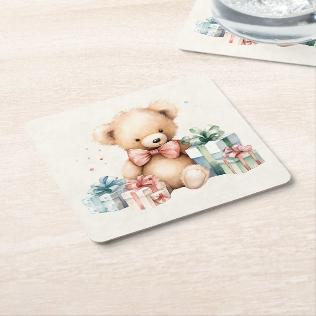 Dessous De Verre Carré Ours en peluche mignonne avec cadeaux de Noël (Incliné)