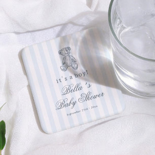 Dessous De Verre Carré Ours en peluche vintage bleu Garçon Baby Shower