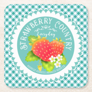 Dessous De Verre Carré Paillettes de fraises En vichy Turquoise