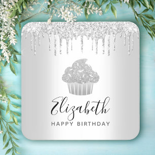 Dessous De Verre Carré Paillettes de gâteau cupcake argenté écriture nom