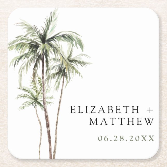 Dessous De Verre Carré Palm Tree Tropical | Mariage minimal (Devant)