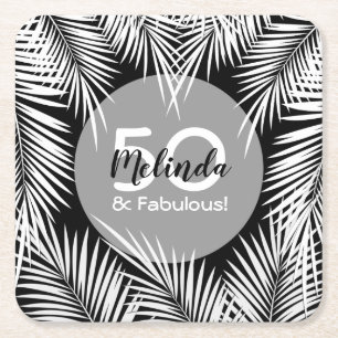 Dessous De Verre Carré Palmes blanches sur l'Anniversaire Tropical Noir