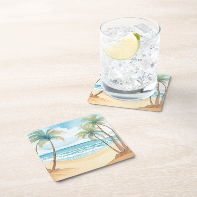 Dessous De Verre Carré Palmes tropicales | Mariage d'aquarelle de plage (En situation)