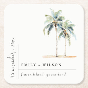 Dessous De Verre Carré Palmiers minimaux Aquarelle Mariage tropical