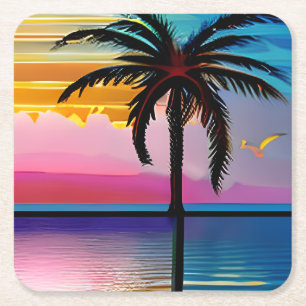 Dessous De Verre Carré Palmiers tropicaux et océan