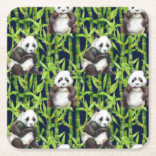 Dessous De Verre Carré Panda avec Motif d'aquarelle en bambou