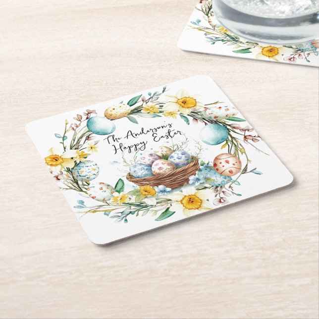 Dessous De Verre Carré Panier avec oeufs et fleurs Pâques (Incliné)