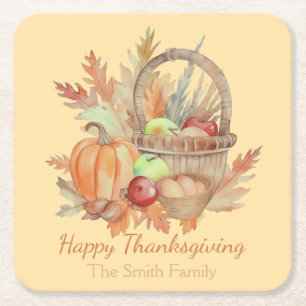 Dessous De Verre Carré Panier de Bon thanksgiving d'aquarelle personnalis