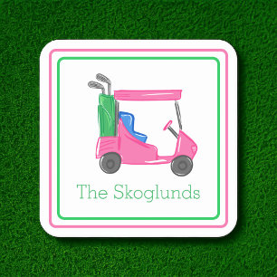 Dessous De Verre Carré Panier de golf Preppy Pink Frontière personnalisée