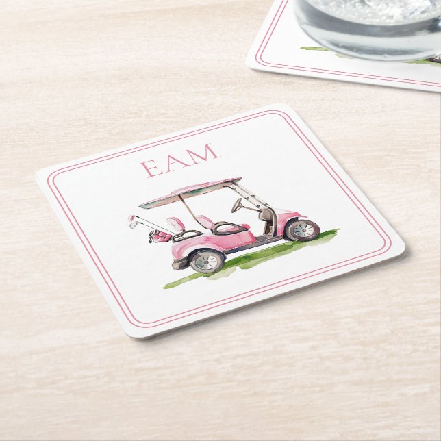 Dessous De Verre Carré Panier de golf rose Preppy Monogramme (Incliné)