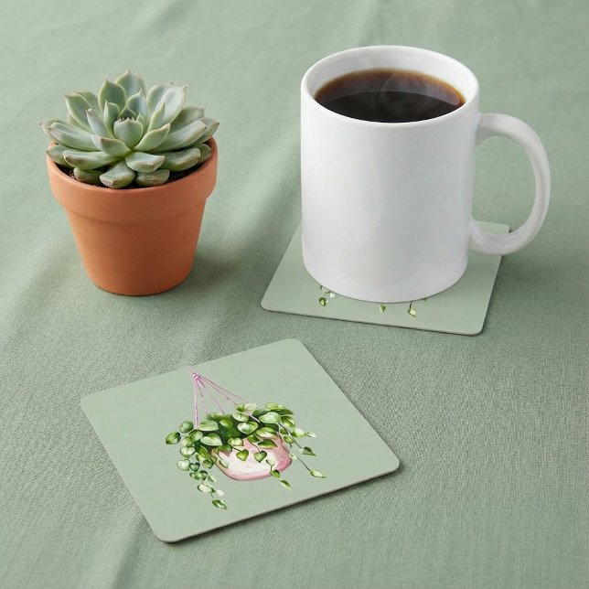 Dessous De Verre Carré Panier suspendu Vert aquarelle (Hanging Basket Greenery Watercolor Square Paper Coaster.)