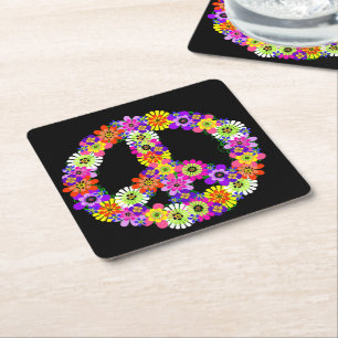 Dessous De Verre Carré Panneau de paix Floral sur noir