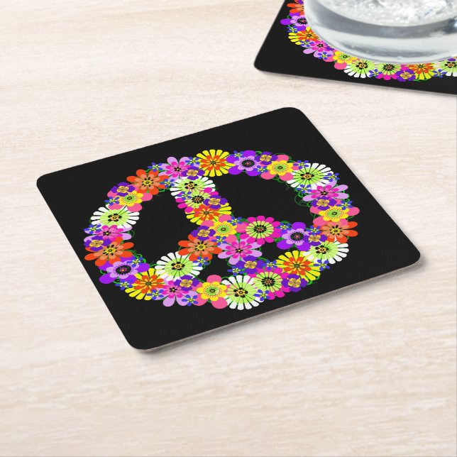 Dessous De Verre Carré Panneau de paix Floral sur noir (Incliné)