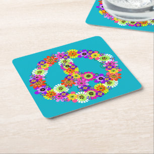 Dessous De Verre Carré Panneau de paix Floral sur Turquoise